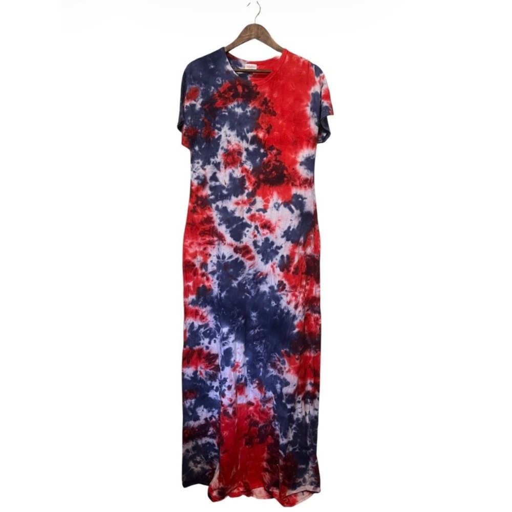 Tie-Dye Maxi Dress Long T-Shirt Red White Blue Medium